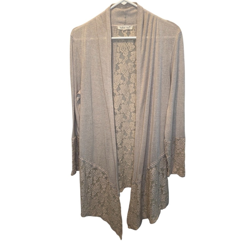 Indigo Soul Womens Beige Open Front Floral Lace Trim Cardigan M Boho Whimsigoth